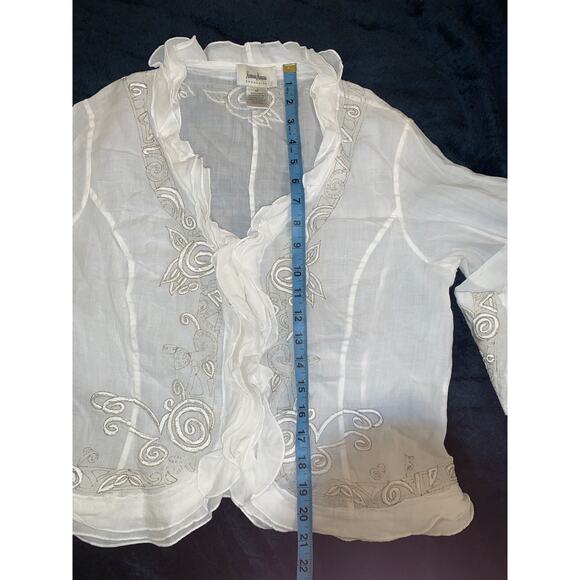 NEIMAN MARCUS EXCLUSIVE BUTTON FRONT V-NECK RUFFLED EMBROIDERED LINEN BLOUSE M - Picture 5 of 8